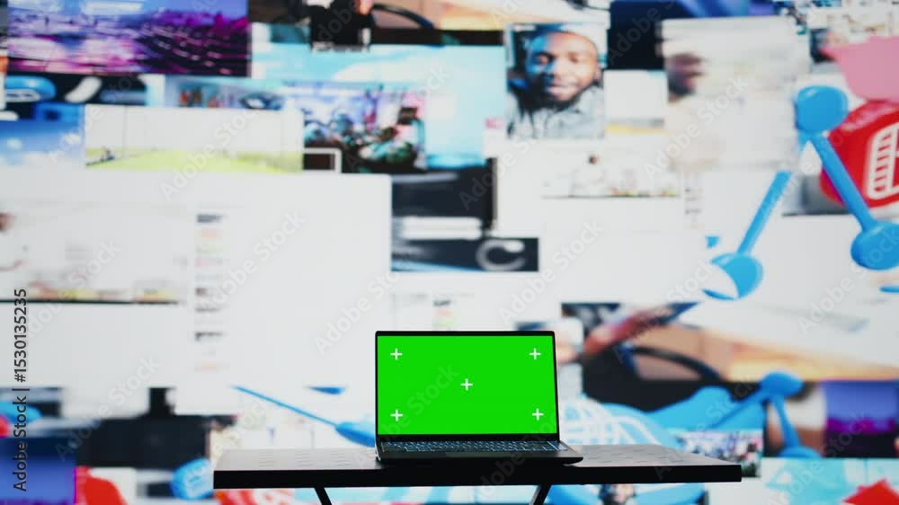 Poster screen running copy space mockup on laptop next to social network apps, modern web design and user i