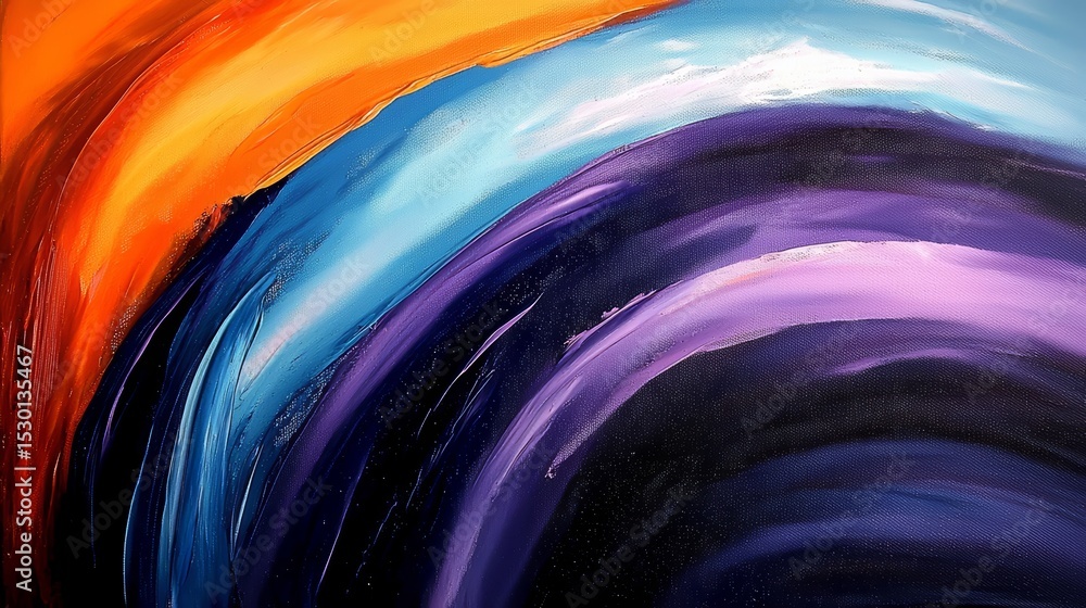 Poster painting of a rainbow with a purple and blue swirl in the middle. the painting is abstract and has a