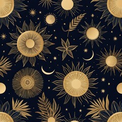 Celestial Gold Seamless Pattern of Suns, Moons, and Stars