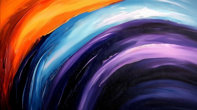 Painting of a rainbow with a purple and blue swirl in the middle. The painting is abstract and has a lot of color