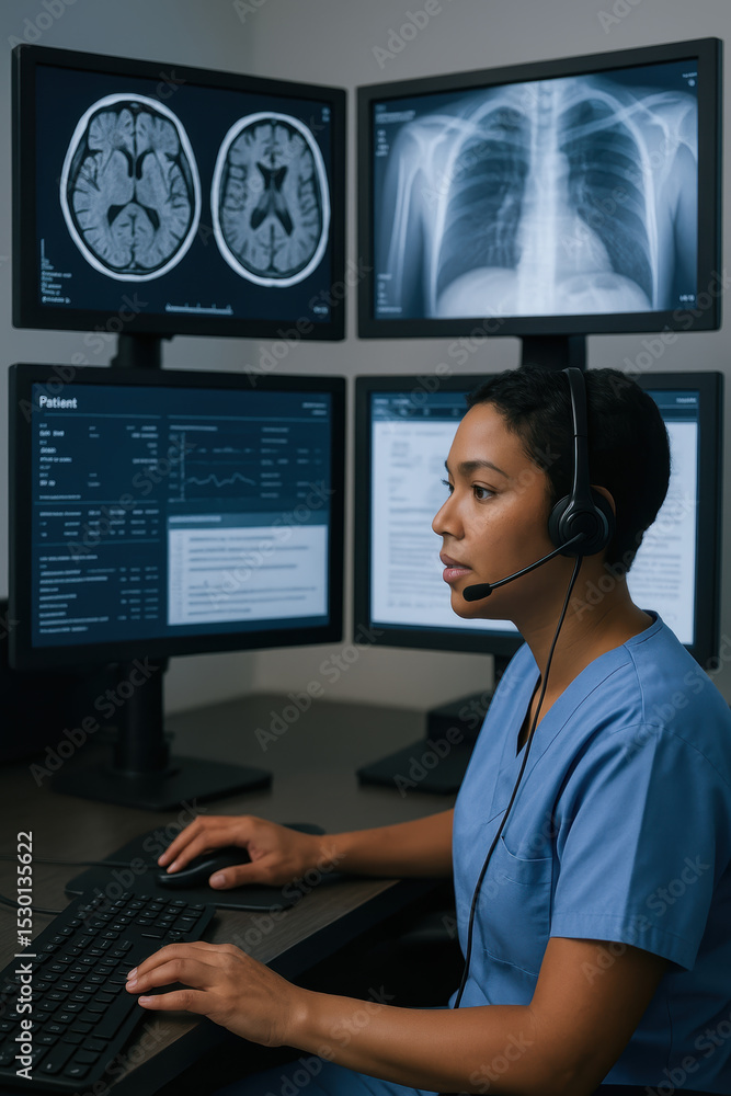 Aufkleber healthcare call center tech consultation patient support with medical imaging and data on multiple s