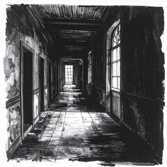 Dark Monochrome Hallway in Abandoned Building