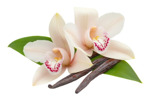 Two white flowers with red and pink spots on them are on top of a leaf, isolated
