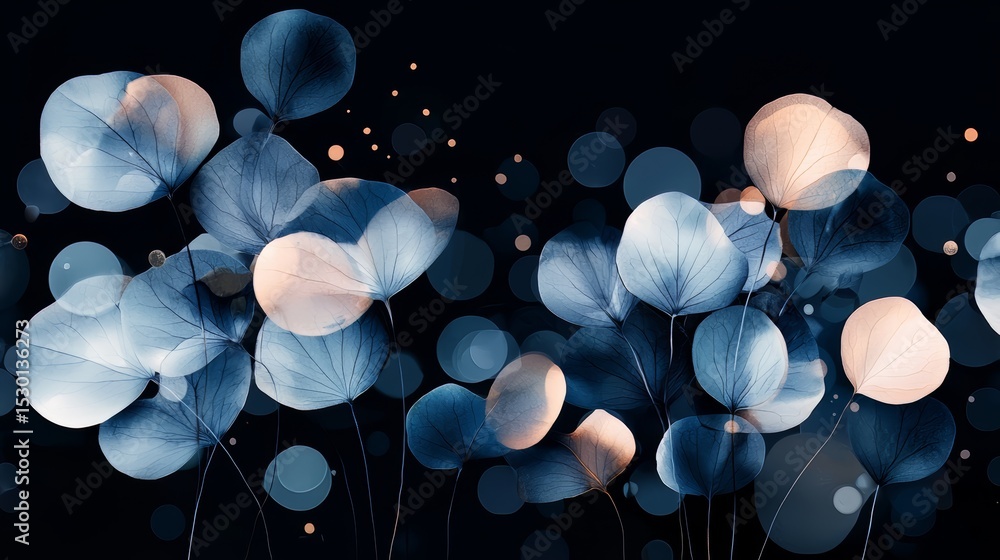 Poster painting of flowers with a blue background. the flowers are in different sizes and are scattered thr