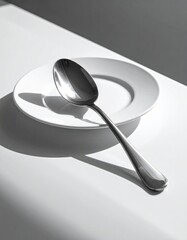 Editorial AI Generated - Minimalist white ceramic bowl with a metallic spoon placed inside on a sleek white surface with shadows and soft lighting in a modern restaurant setting