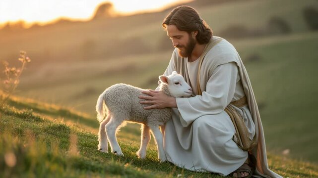 Jesus christ gently caring for a lamb in a sunrise or sunset field