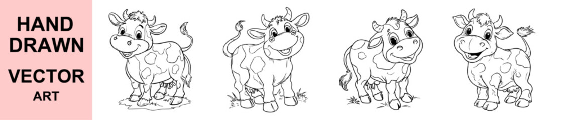 Fototapeta premium Cute cartoon cow illustrations set, hand drawn vector farm animal doodle characters with happy expressions for kids coloring books, nursery or educational use 