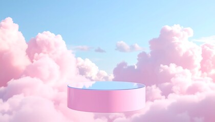 Pink podium with clouds and sky.