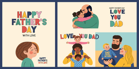 Fototapeta premium Fathers Day card set with cute trendy flat illustrations of dad with son, with daughter, family portrait and modern typography. Father's Day templates for ads, poster, cover, banner, social media