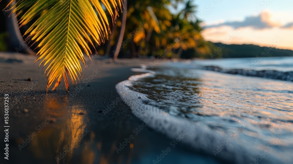 Leinwandbilder palm tree leaf is laying on the sand next to the ocean. the image has a serene and peaceful mood, wi