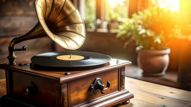 Vintage gramophone playing a vinyl record indoors, antique wooden cabinet, ornate brass horn, classic phonograph on tabletop, warm light, ambient setting