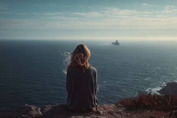 A solitary figure contemplates the vast ocean from a cliffside perch, a ship visible on the horizon under a muted sky.