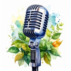 Vintage Microphone with Watercolor Leaves and Paint Splashes