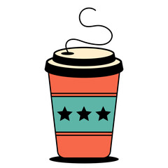 Retro takeaway coffee cup with lid and sleeve. Great for cafe branding, packaging, menu graphic and morning beverage visuals. Flat vector illustration on white background
