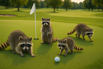 Raccoons Playing Golf on Green – Funny Wildlife Scene with Golf Club and Ball on Putting Green

