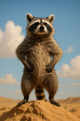Standing Raccoon on Sandy Hill – Bold Wildlife Portrait with Blue Sky and Desert Backdrop