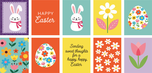 Happy Easter greeting card, horizontal poster, holiday cover or web banner design template with seamless border made of spring flowers, Easter eggs and Easter bunny. Trendy and cute flat style