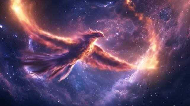 Celestial phoenix soaring through starry cosmos