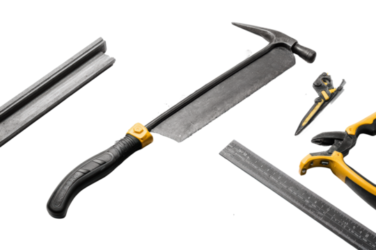 Studio flat-lay metal tool trio, no background