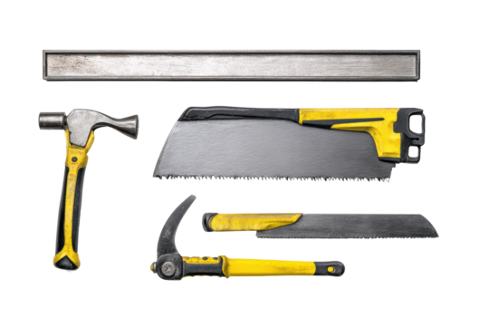 Detailed carpentry square & saw arrangement flat lay