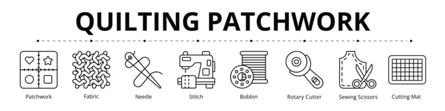 Quilting Patchwork Line Banner Web Icon Set Vector Illustration, Patchwork Fabric Needle Stich Bobbin Rotary Cutter Sewing Scissors Cutting Mat
