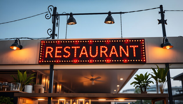"Elegant dark-themed restaurant signboard design mockup". with white shades
