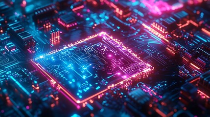 Obraz premium Illuminated Circuit Board Closeup with Electronic Components