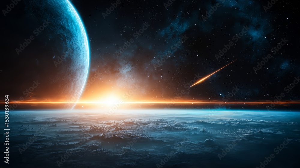 Poster planet with a sun in the sky and a shooting star in the distance. the sky is dark and the planet is 