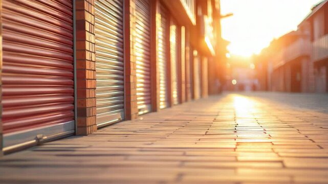 Sunlight closed metal shutters and brick building walls warm light