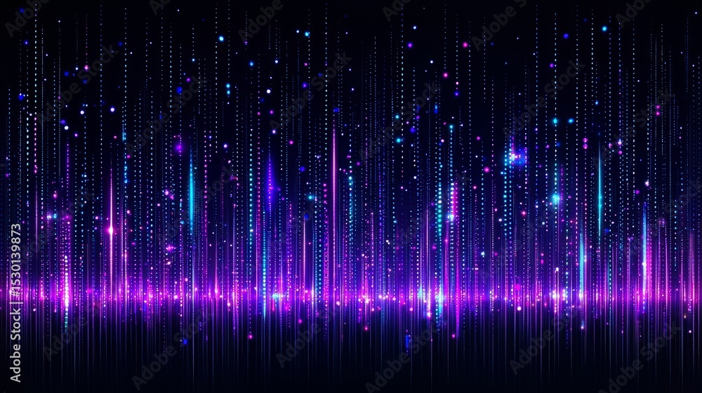 Poster Vibrant purple and blue background with a multitude of sparkling lights. The lights are scattered throughout the background, creating a sense of movement and energy. Scene is one of excitement