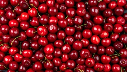 Red ripe cherries with overhead close up view.