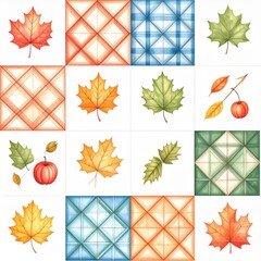 Autumn Leaves and Geometric Patterns Watercolor Design