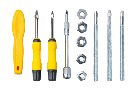 Flat-lay screwdriver set with nuts & hex bolts, no background