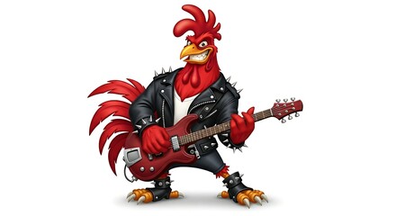 Energetic cartoon rooster wearing a leather jacket and playing electric guitar. Rock star animal character on white background.