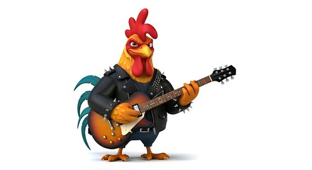 Energetic cartoon rooster wearing a leather jacket and playing electric guitar. Rock star animal character on white background.