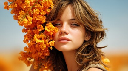Naklejka premium Young woman with wavy hair poses beside vibrant orange flowers in a sunny outdoor setting