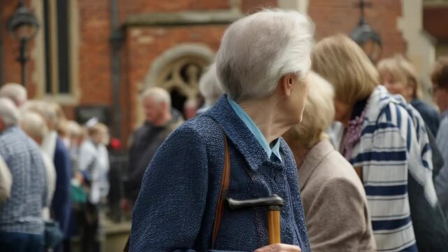 An elderly lady using a cane to navigate her way through the courtyard, smiling and stopping to chat with various parishioners along the way.