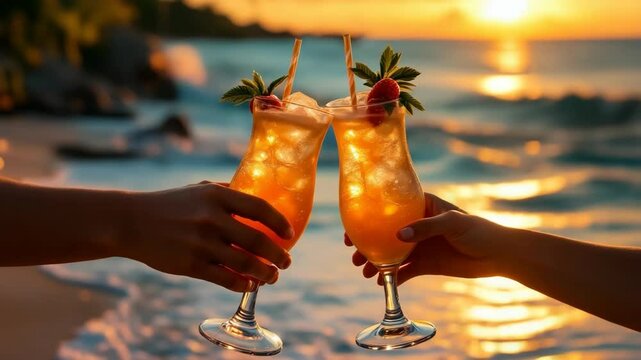 Sunset cocktails cheers on tropical beach