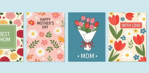 Fototapeta premium Mothers Day card set. Trendy posters, web banners or covers with wildflowers, daisies, roses, tulips bouquet. Hand drawn Floral art templates for Womens Day March 8, birthday and Mothers Day 