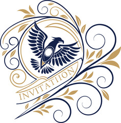 Elegant Heraldic Invitation Insignia with Ornamental Bird Design and Flourishes