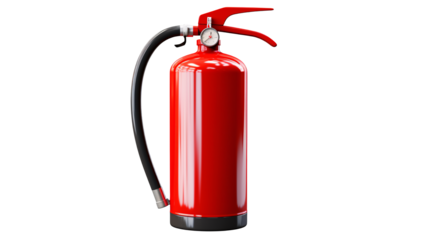 A shiny red fire extinguisher on a transparent background