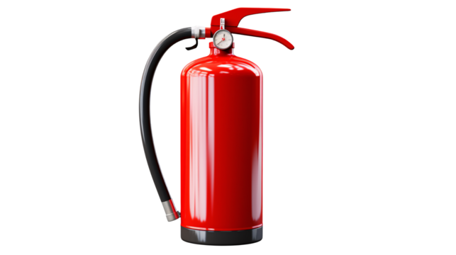 A shiny red fire extinguisher on a transparent background