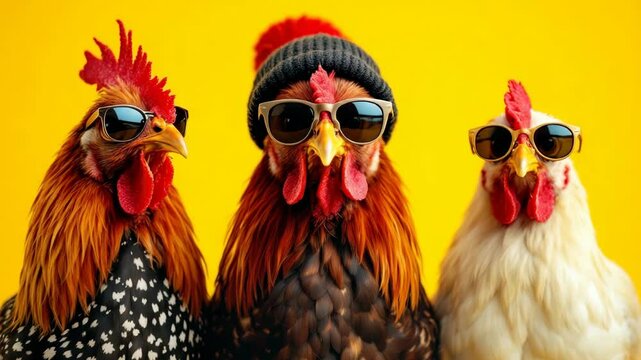 Three stylish roosters in sunglasses and beanies against a bold yellow background