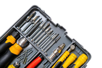 Top-view compact tool kit pack isolated, no background