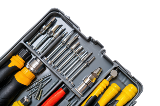 Top-view compact tool kit pack isolated, no background