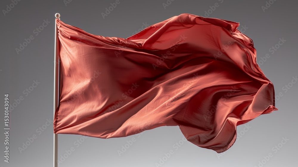 Poster red flag is blowing in the wind. the flag is on a pole and is very large