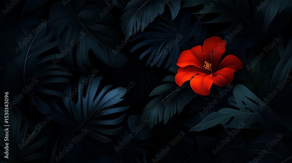 Aufkleber Red flower is the only thing visible in a dark background. The flower is surrounded by leaves, which are also dark in color. The image has a moody and mysterious feel