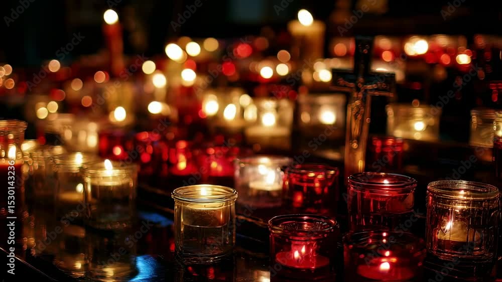 Poster the candles surrounding the cross are lit in various sizes, creating a visual representation of diff