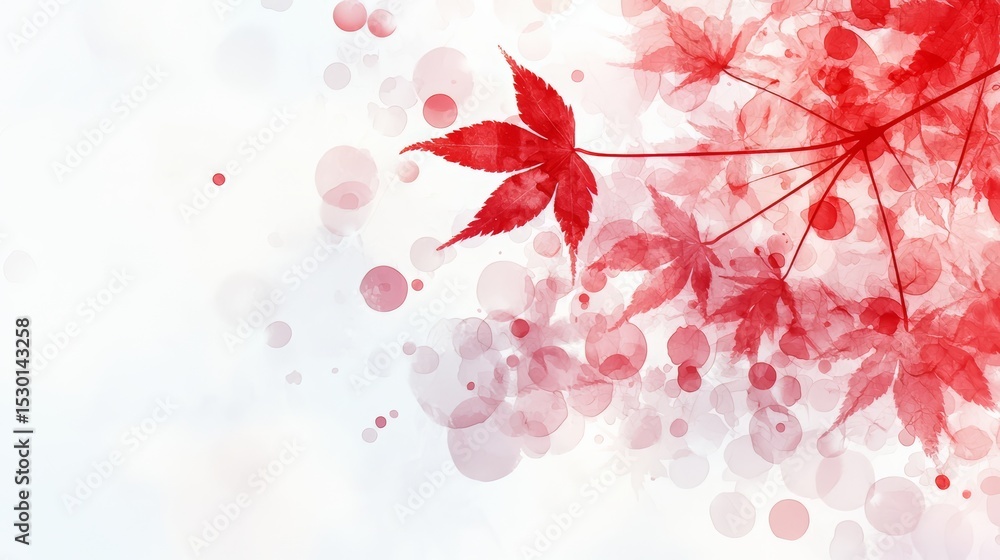 Poster red leaf with white background. the leaf is surrounded by red circles