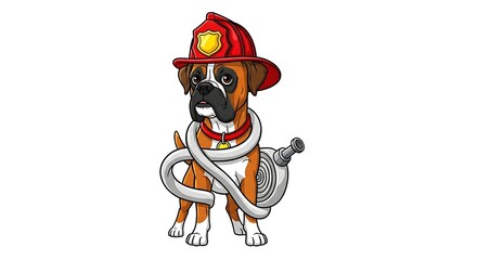 Heroic cartoon dog dressed as a firefighter with helmet and hose. Rescue animal character on white background.